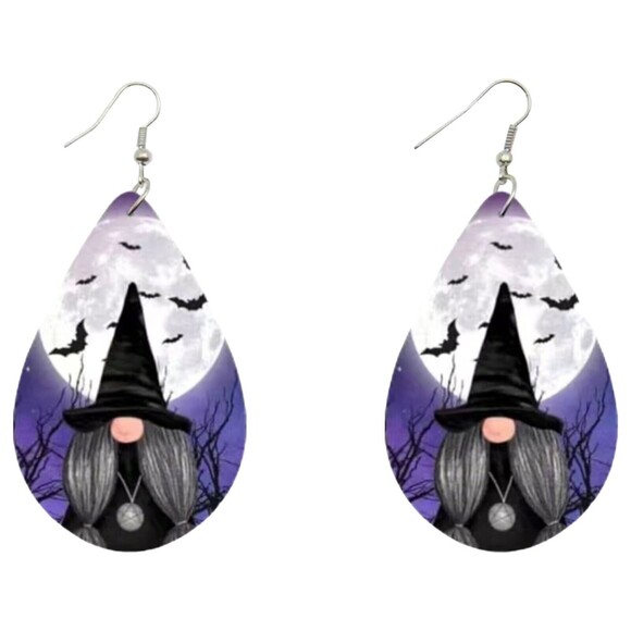 HALLOWEEN AUTUMN Gnome Witch Bats Teardrop Dangle Drop Earrings Jewelry 3" - Picture 1 of 5